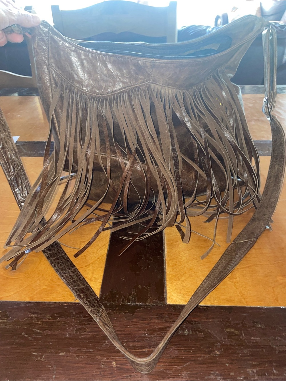 Fringed Leather Shoulder Bag in Dark Brown